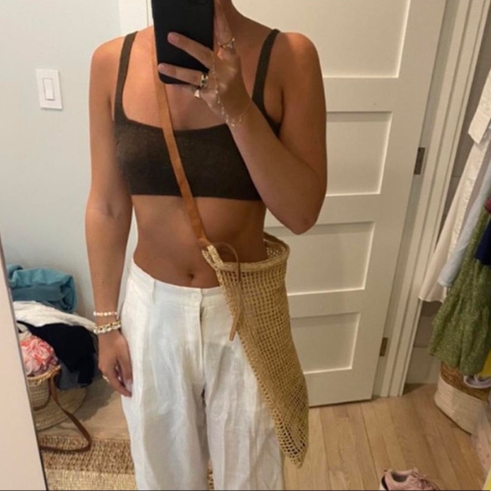 Cross body large net brown leather strap bag purse